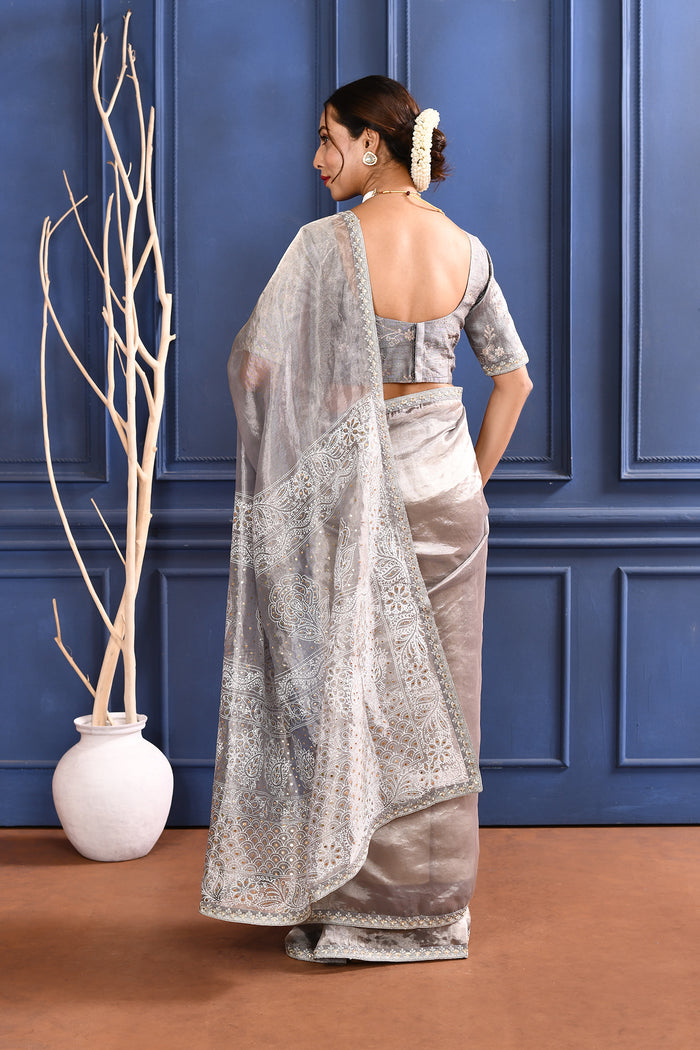 Silver Foil Printed Tissue Saree