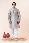 Silver Grey Printed Dupion Silk Kurta Set