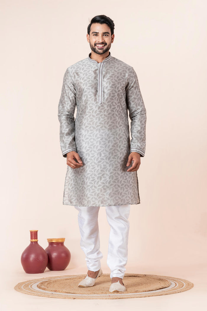 Silver Grey Printed Dupion Silk Kurta Set