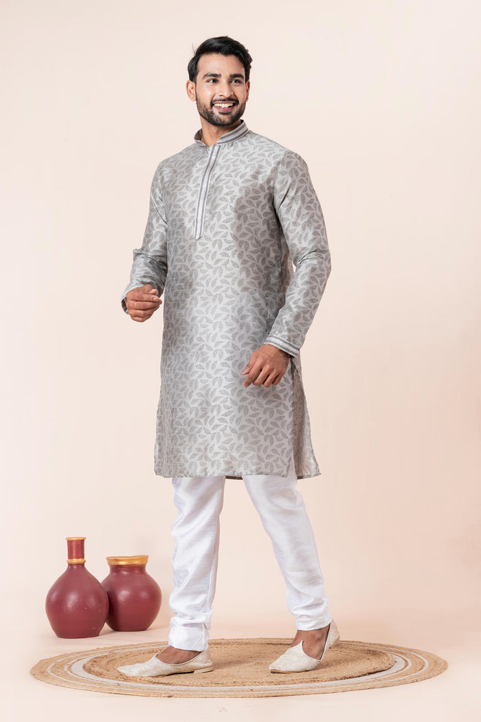 Silver Grey Printed Dupion Silk Kurta Set
