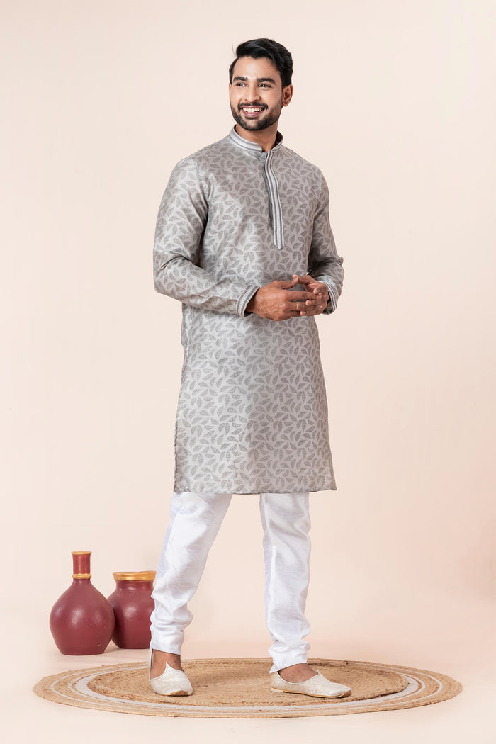 Silver Grey Printed Dupion Silk Kurta Set