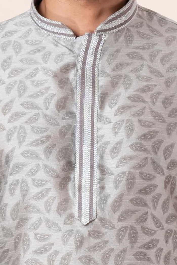 Silver Grey Printed Dupion Silk Kurta Set