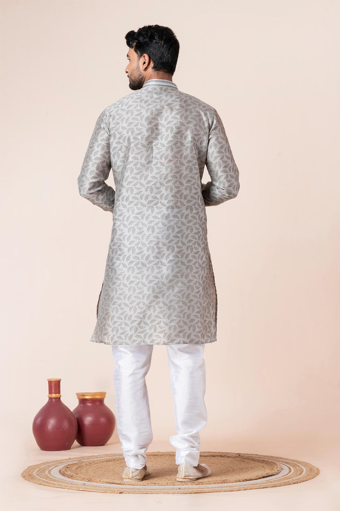 Silver Grey Printed Dupion Silk Kurta Set