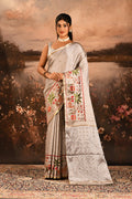 Silver Grey With Paithani Style Elephant Motif Border Designer Saree