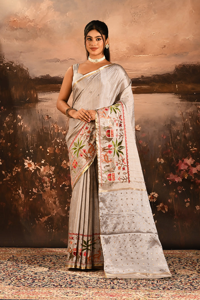 Silver Grey With Paithani Style Elephant Motif Border Designer Saree