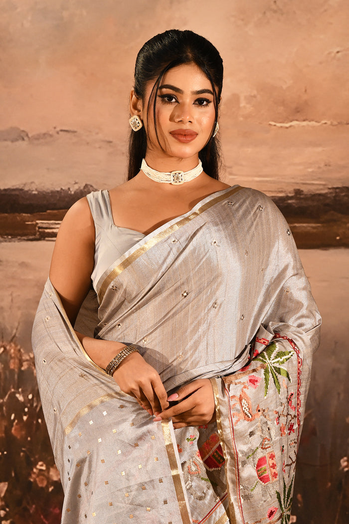 Silver Grey With Paithani Style Elephant Motif Border Designer Saree