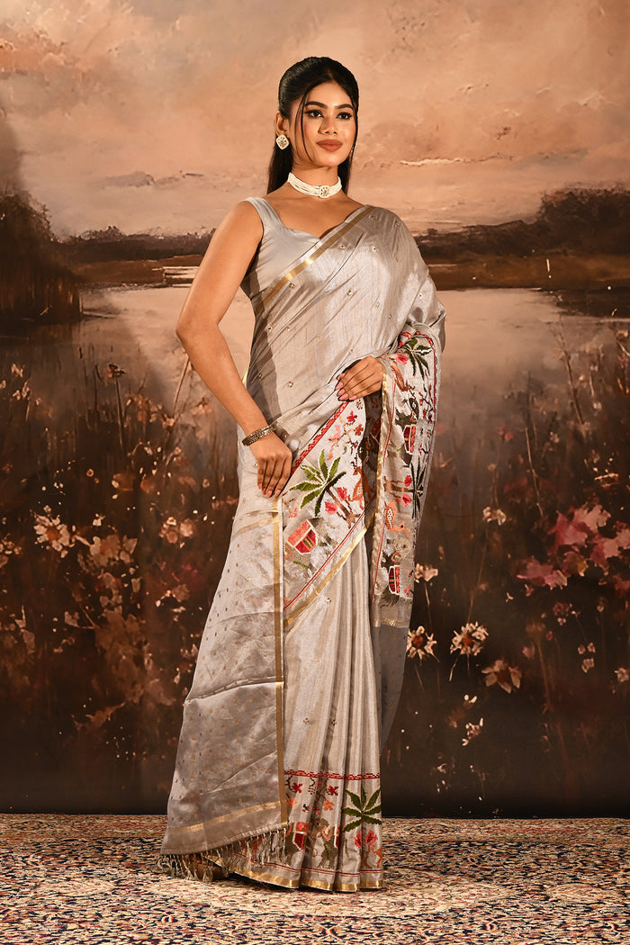 Silver Grey With Paithani Style Elephant Motif Border Designer Saree