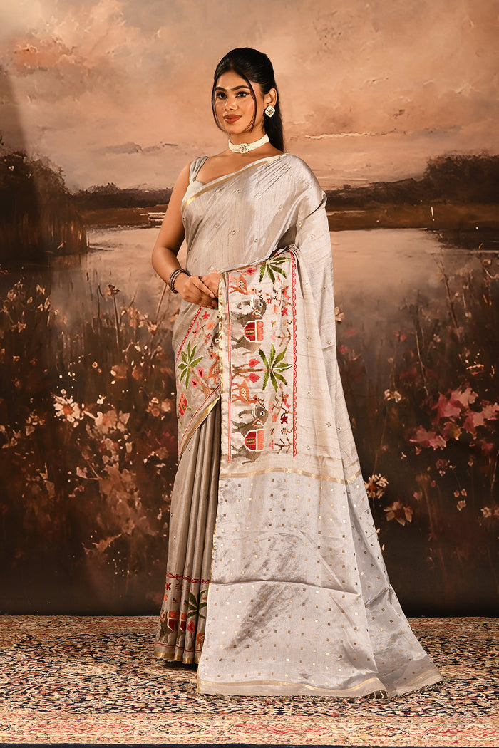 Silver Grey With Paithani Style Elephant Motif Border Designer Saree