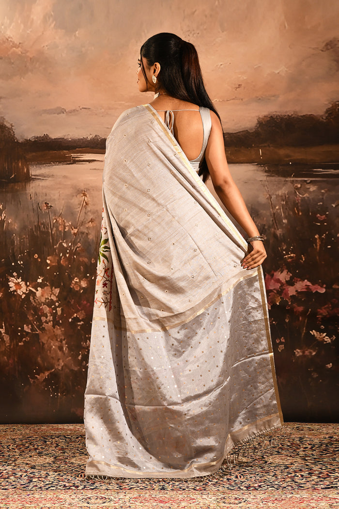 Silver Grey With Paithani Style Elephant Motif Border Designer Saree