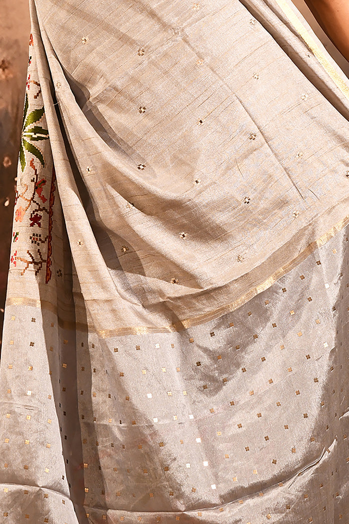 Silver Grey With Paithani Style Elephant Motif Border Designer Saree