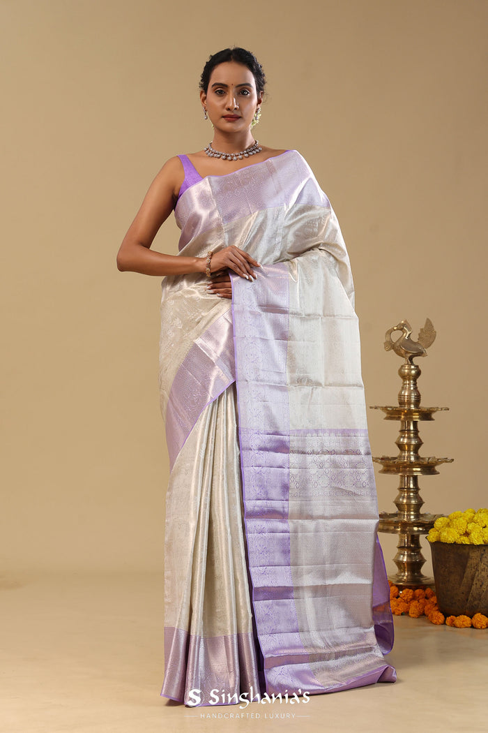 Silver Kanjivaram Tissue Saree With Contrast Border