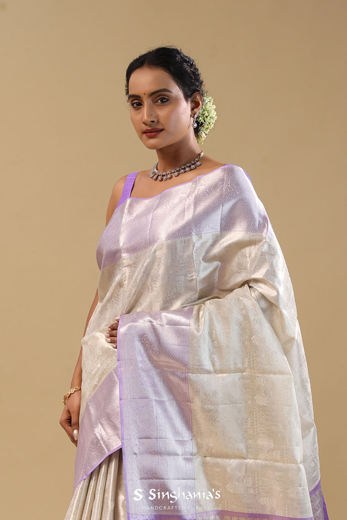 Silver Kanjivaram Tissue Saree With Contrast Border