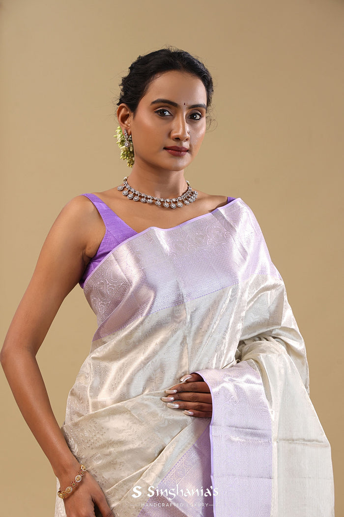 Silver Kanjivaram Tissue Saree With Contrast Border