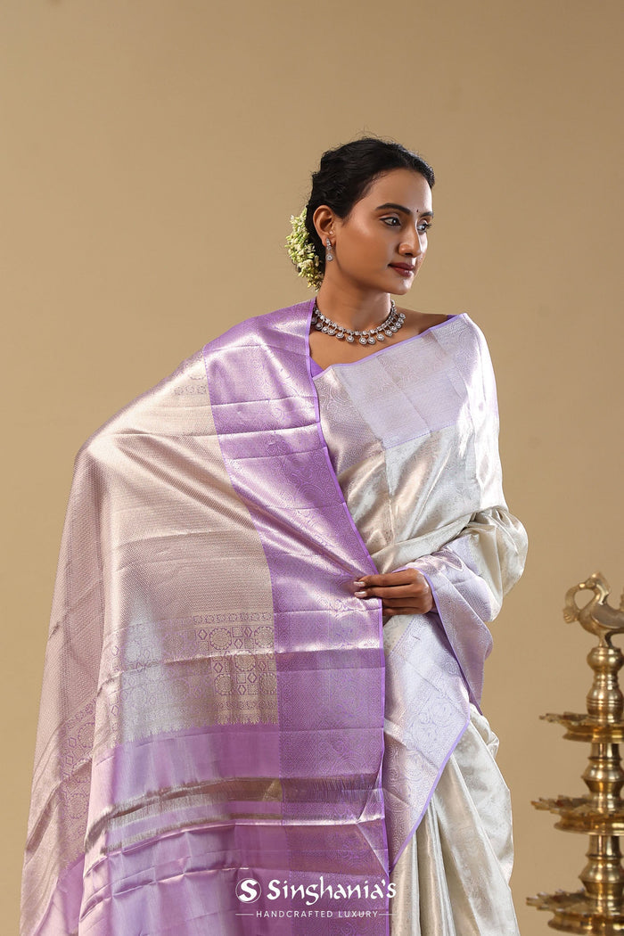 Silver Kanjivaram Tissue Saree With Contrast Border