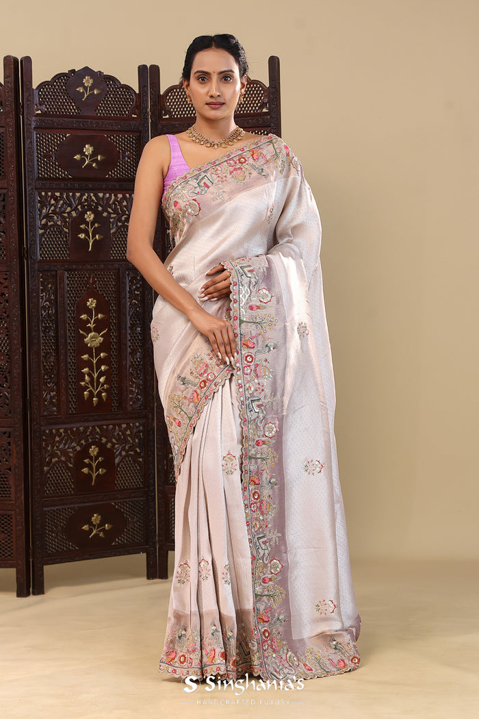 Silver Tissue Saree With Scallop Border