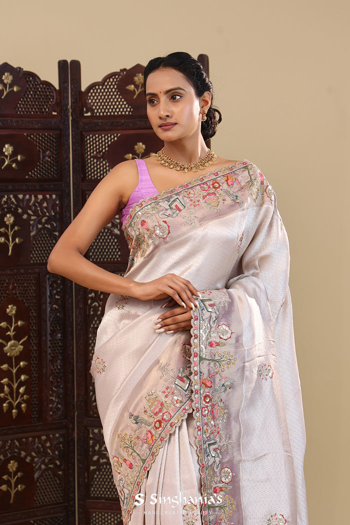 Silver Tissue Saree With Scallop Border