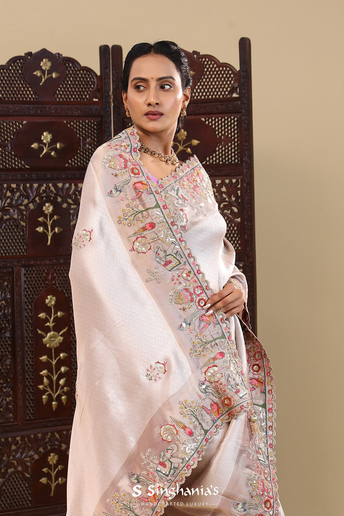 Silver Tissue Saree With Scallop Border