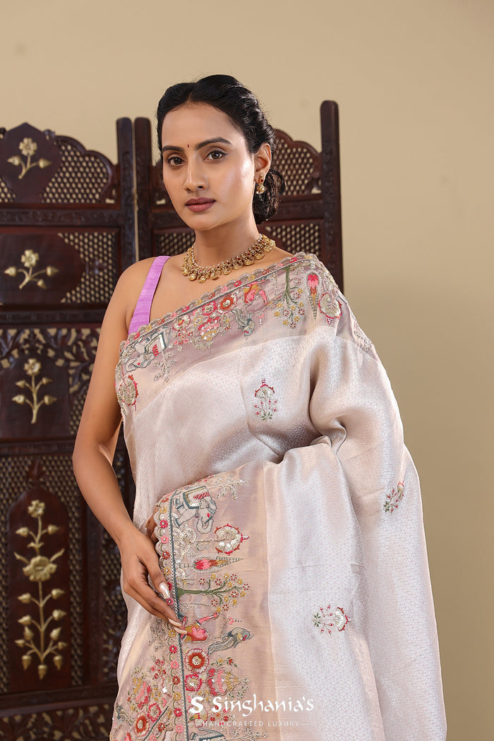 Silver Tissue Saree With Scallop Border