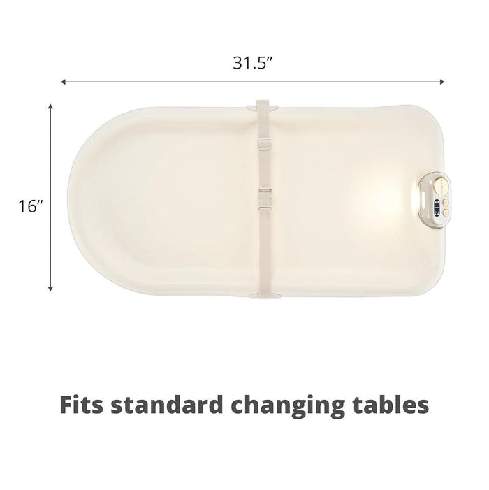 White baby changing table light with dimensions and text on a white background