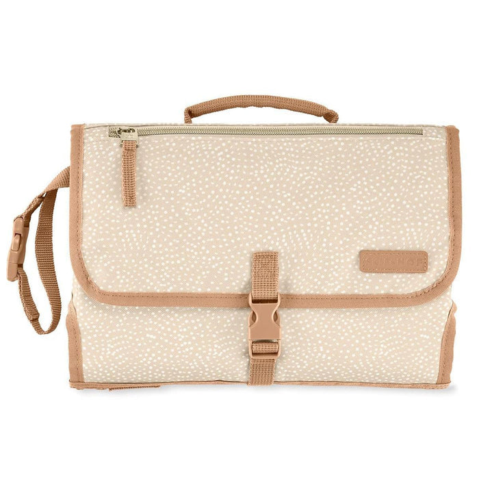 Beige and brown bag with a strap on a white background