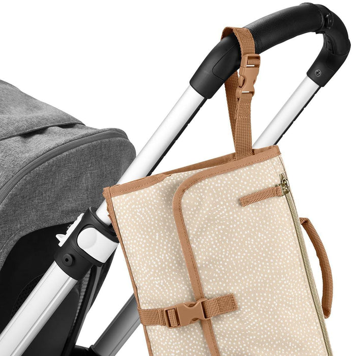 Beige stroller organizer with brown straps attached to a stroller handle.