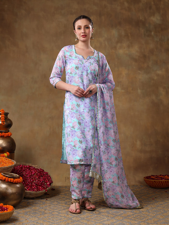 Sky Blue And Lilac Floral Printed Georgette Salwar Set With Gold Fringe