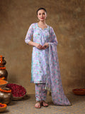 Sky Blue And Lilac Floral Printed Georgette Salwar Set With Gold Fringe
