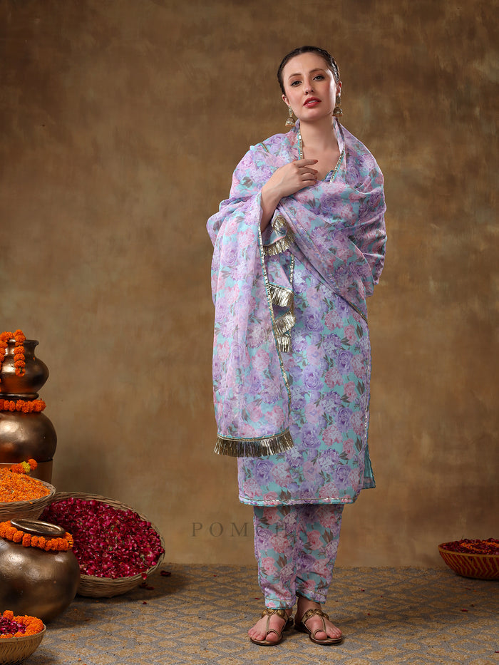 Sky Blue And Lilac Floral Printed Georgette Salwar Set With Gold Fringe