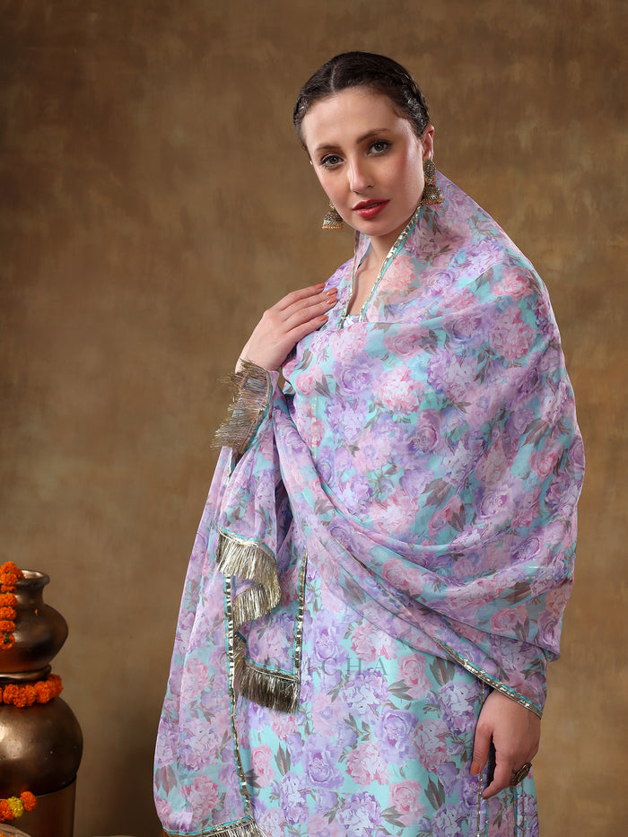 Sky Blue And Lilac Floral Printed Georgette Salwar Set With Gold Fringe