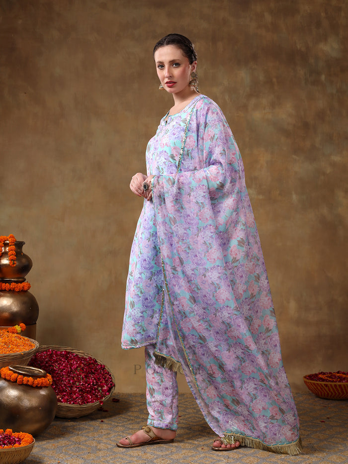 Sky Blue And Lilac Floral Printed Georgette Salwar Set With Gold Fringe