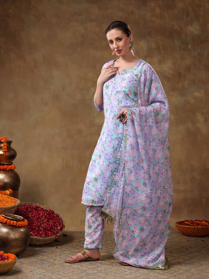 Sky Blue And Lilac Floral Printed Georgette Salwar Set With Gold Fringe