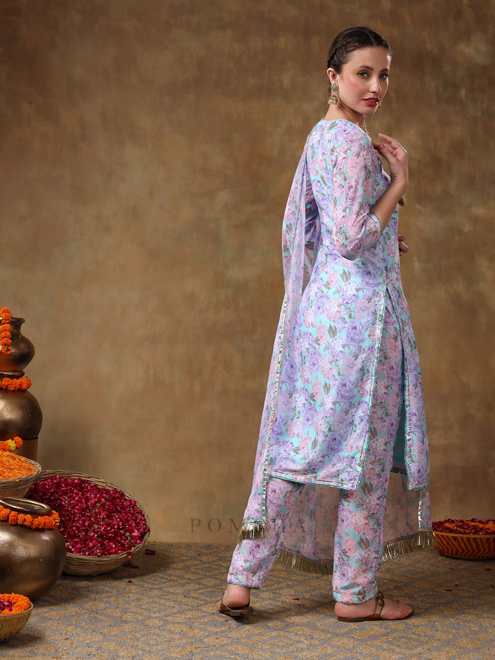 Sky Blue And Lilac Floral Printed Georgette Salwar Set With Gold Fringe