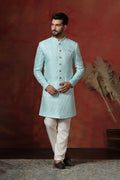Sky Blue Cotton Blend Printed Sherwani Set