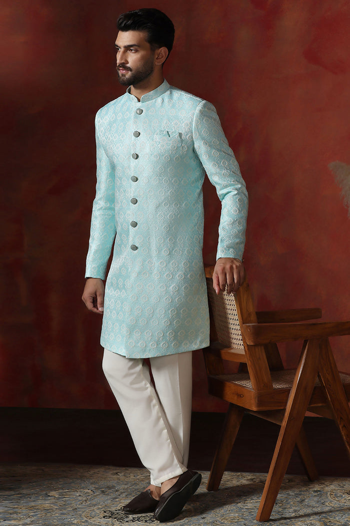Sky Blue Cotton Blend Printed Sherwani Set
