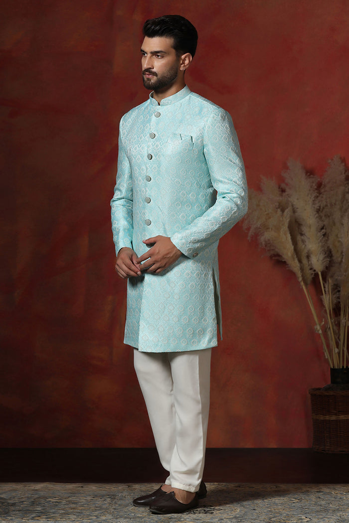 Sky Blue Cotton Blend Printed Sherwani Set