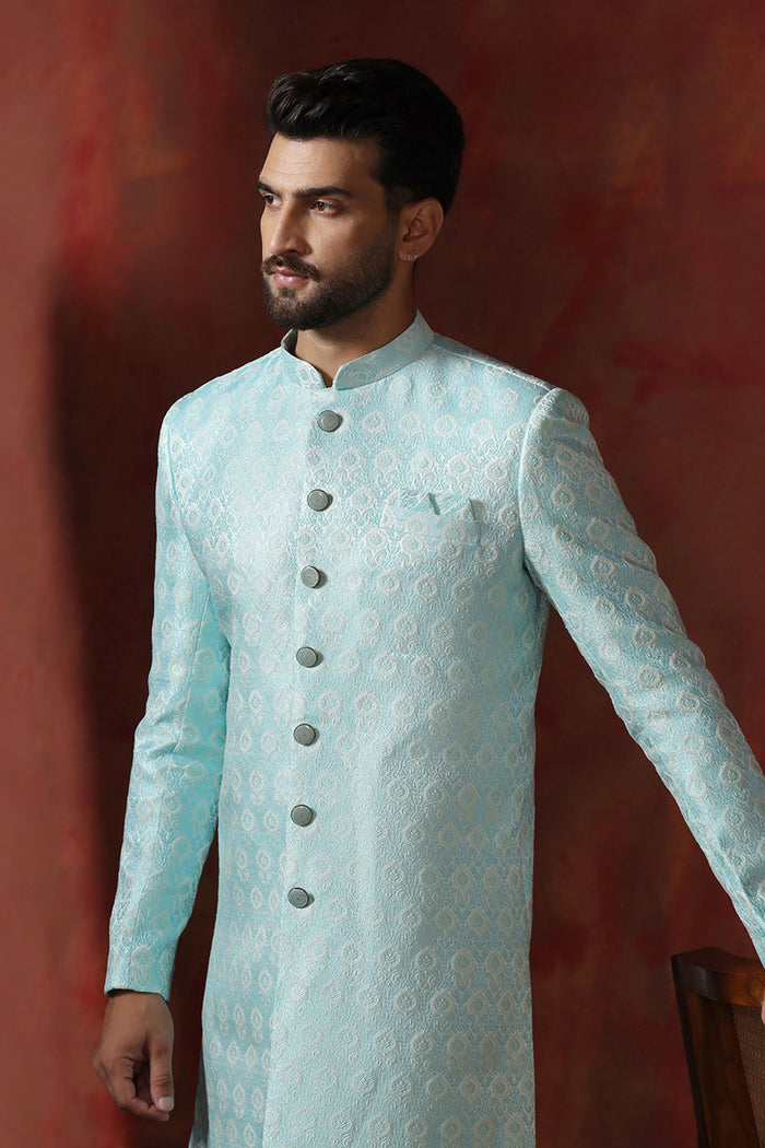 Sky Blue Cotton Blend Printed Sherwani Set