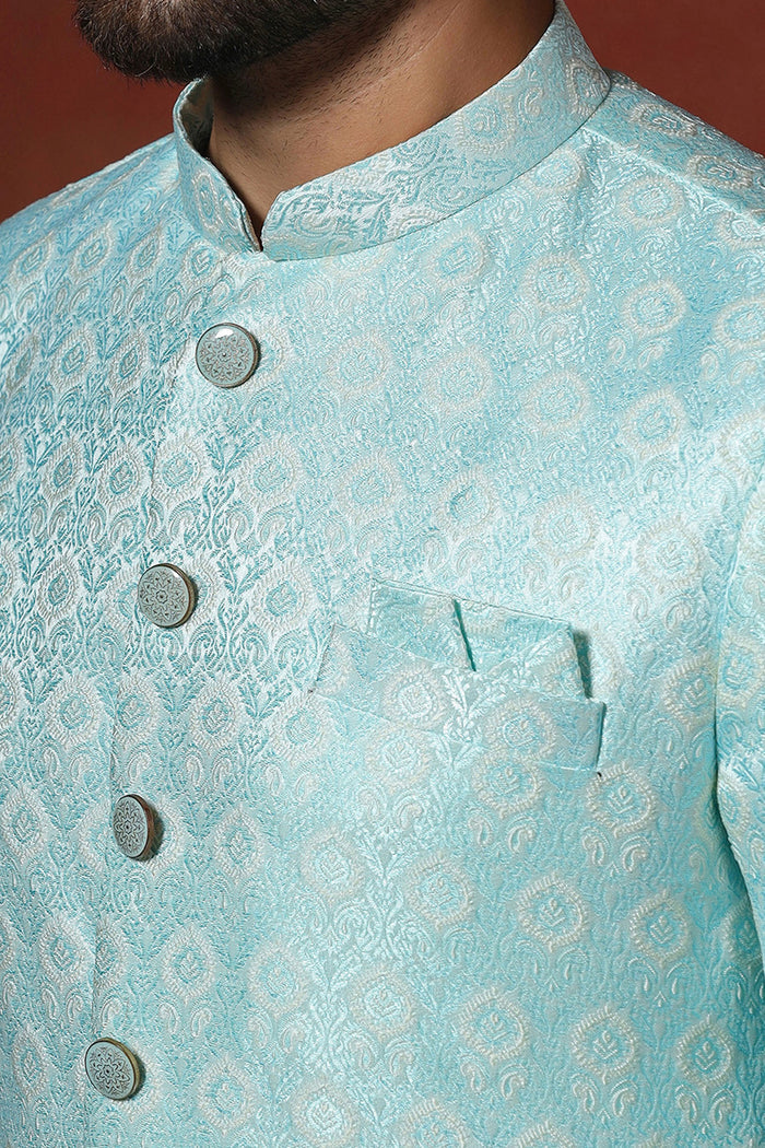 Sky Blue Cotton Blend Printed Sherwani Set