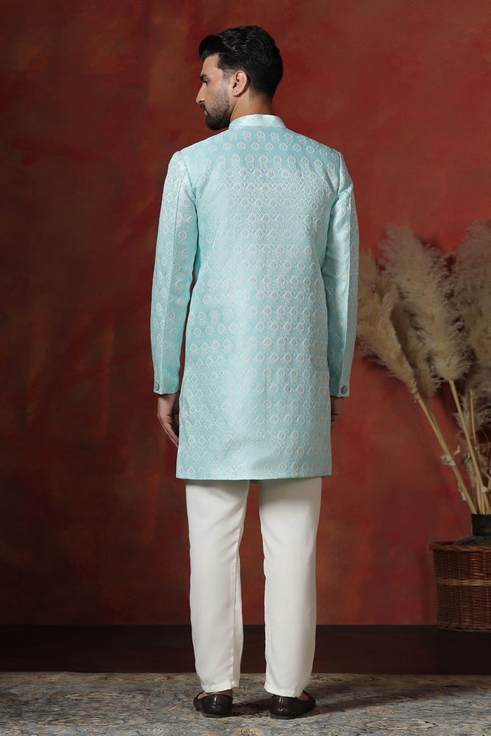 Sky Blue Cotton Blend Printed Sherwani Set