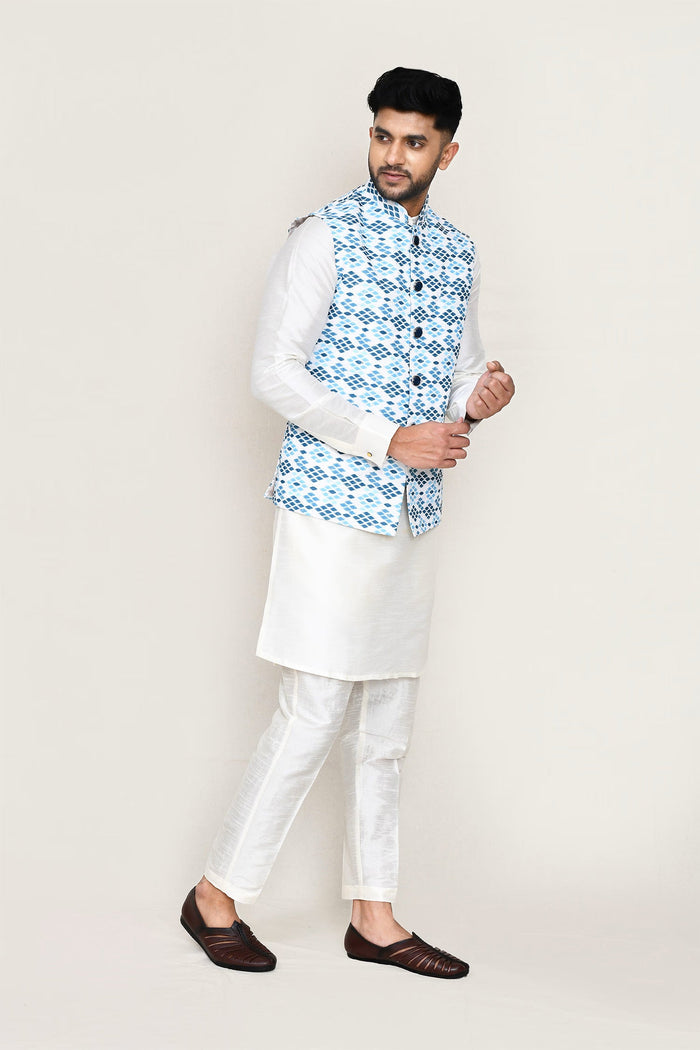 Sky Blue Cotton Jacket With Printed Design