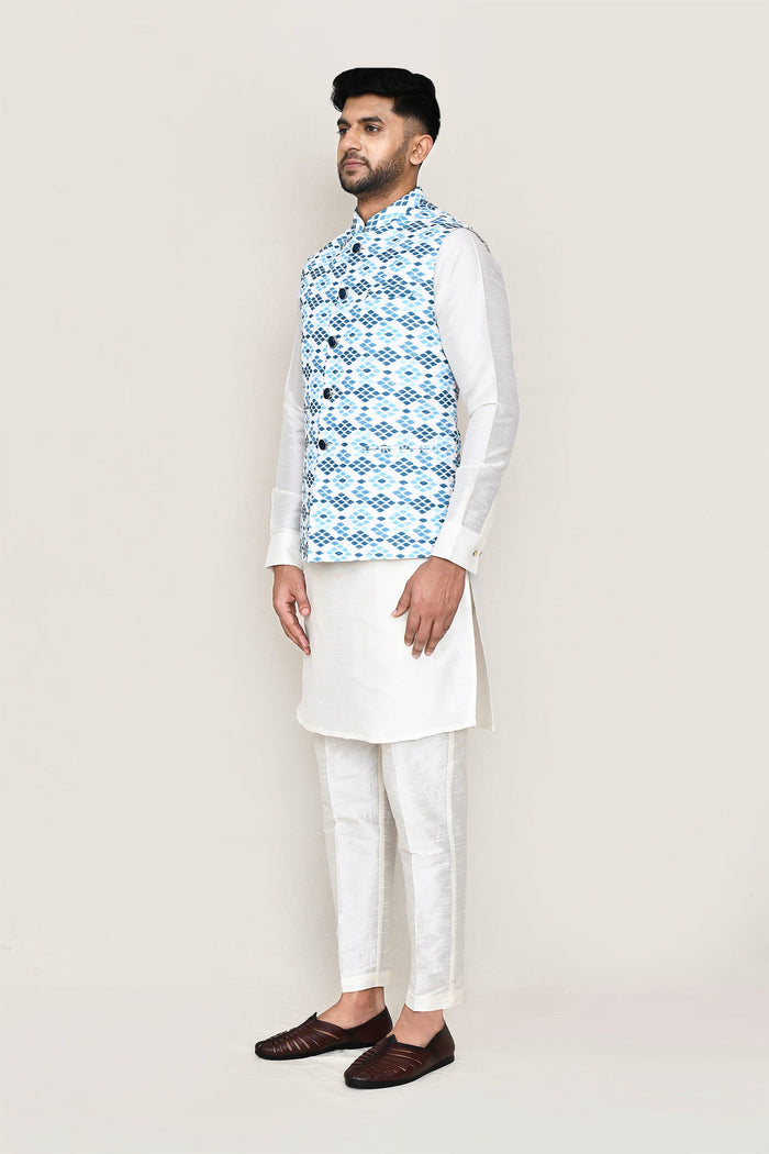 Sky Blue Cotton Jacket With Printed Design