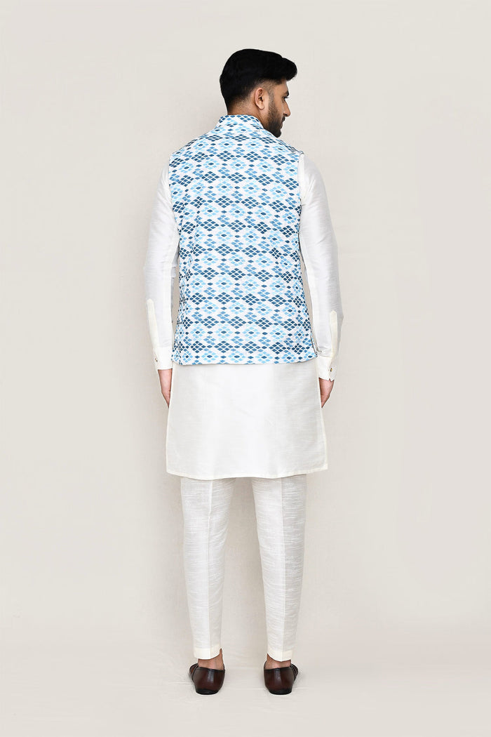 Sky Blue Cotton Jacket With Printed Design