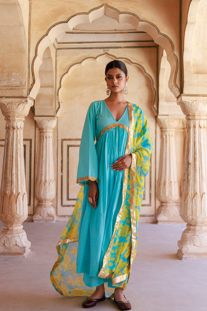 Sky Blue Cotton Kurta Set With Chiffon Dupatta