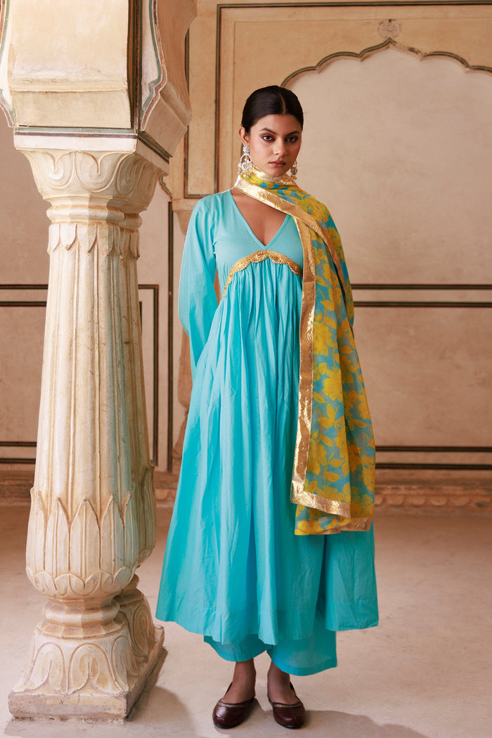 Sky Blue Cotton Kurta Set With Chiffon Dupatta