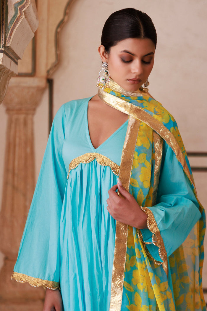 Sky Blue Cotton Kurta Set With Chiffon Dupatta