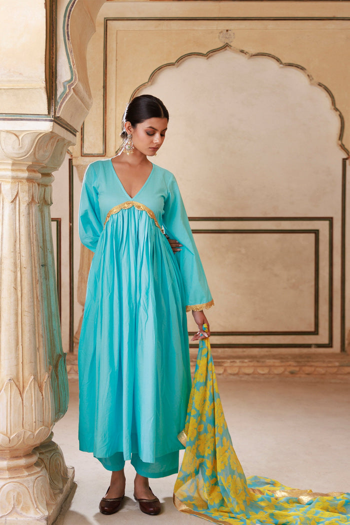 Sky Blue Cotton Kurta Set With Chiffon Dupatta