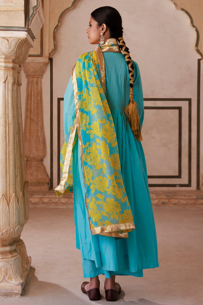 Sky Blue Cotton Kurta Set With Chiffon Dupatta