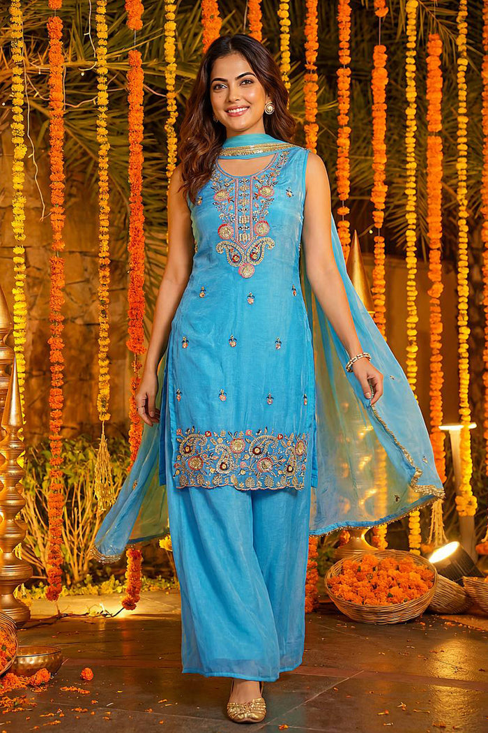 Sky Blue Floral Embroidered Silk Kurta Set