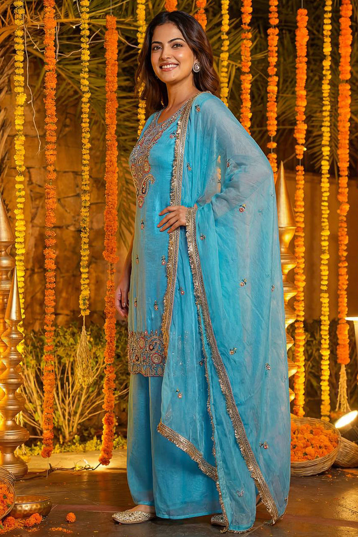 Sky Blue Floral Embroidered Silk Kurta Set