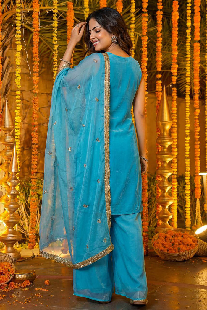 Sky Blue Floral Embroidered Silk Kurta Set