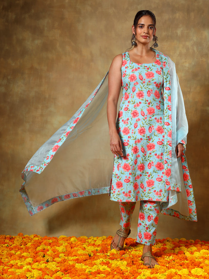 Sky Blue Floral Printed Cotton Salwar Set With Organza Dupatta
